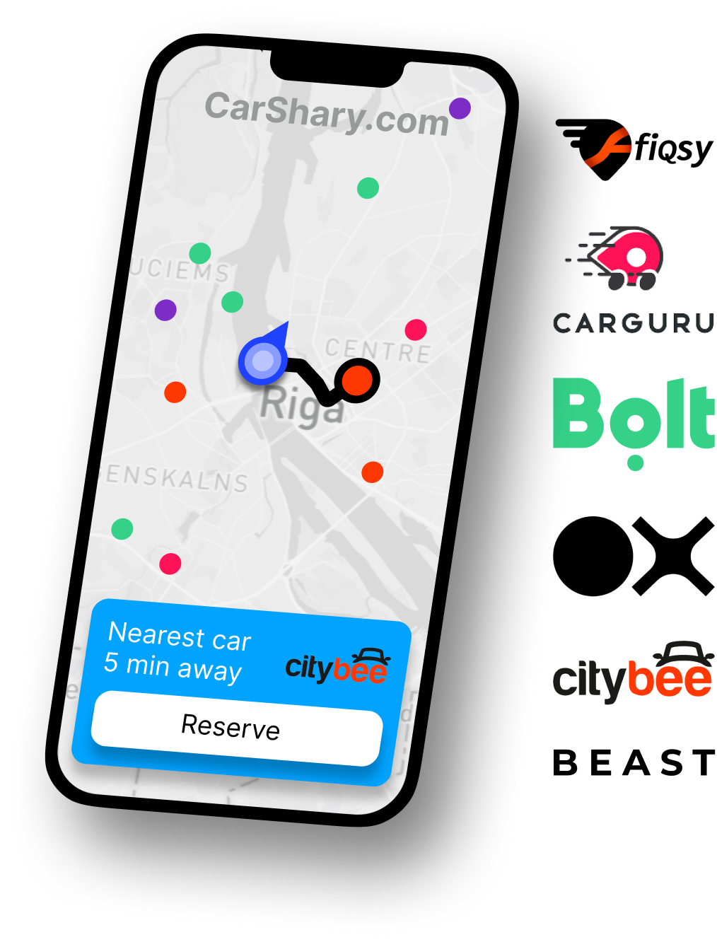 carsharing aggregator app showing map of all cars